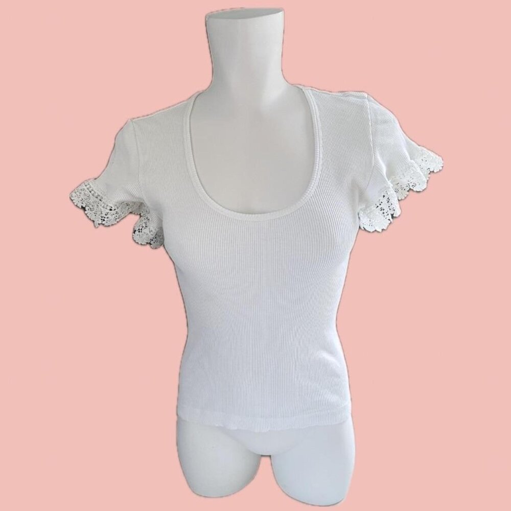 See by Chloé Guipure Lace Trim T-Shirt – White Ribbed Cotton Size M